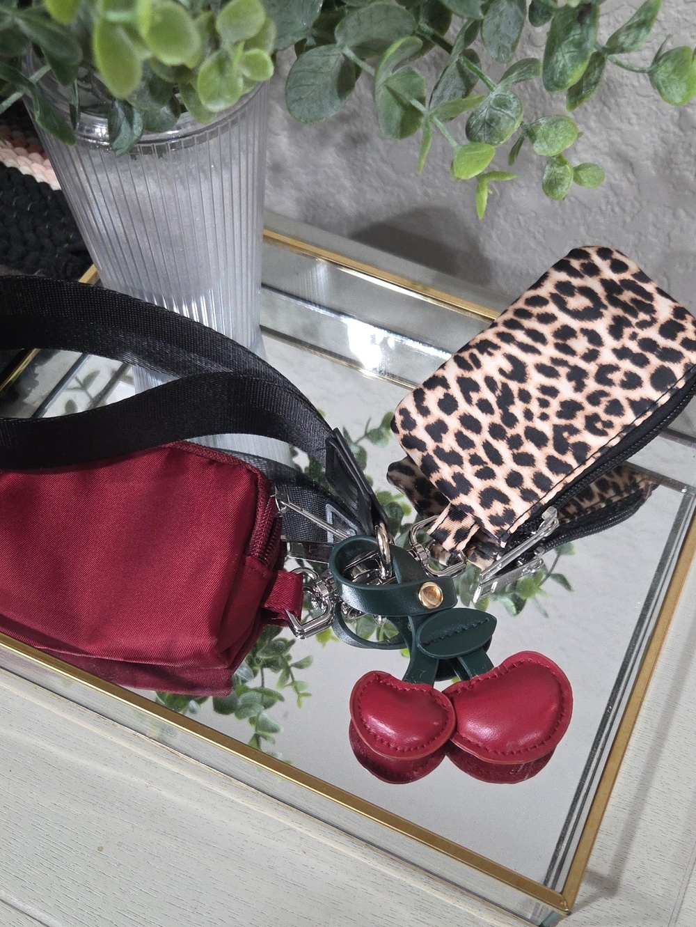 Bag Clip with 2 Coin Purses, Black Lanyard And Decorative Cherry Attachment.